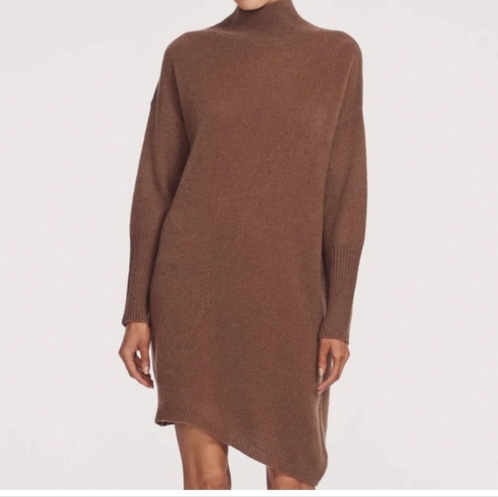 360 Cashmere Brown Turtleneck Sweater Dress with Assymetrical Hem sz L NWT